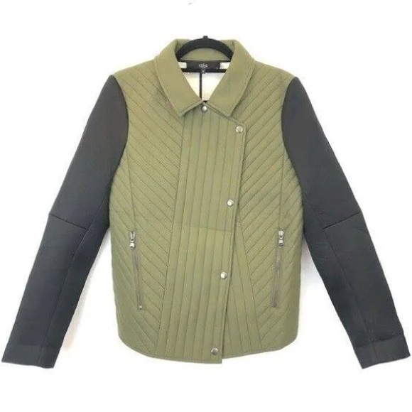 Tibi Quilted Olive Black Moto Jacket S - Picture 4 of 6